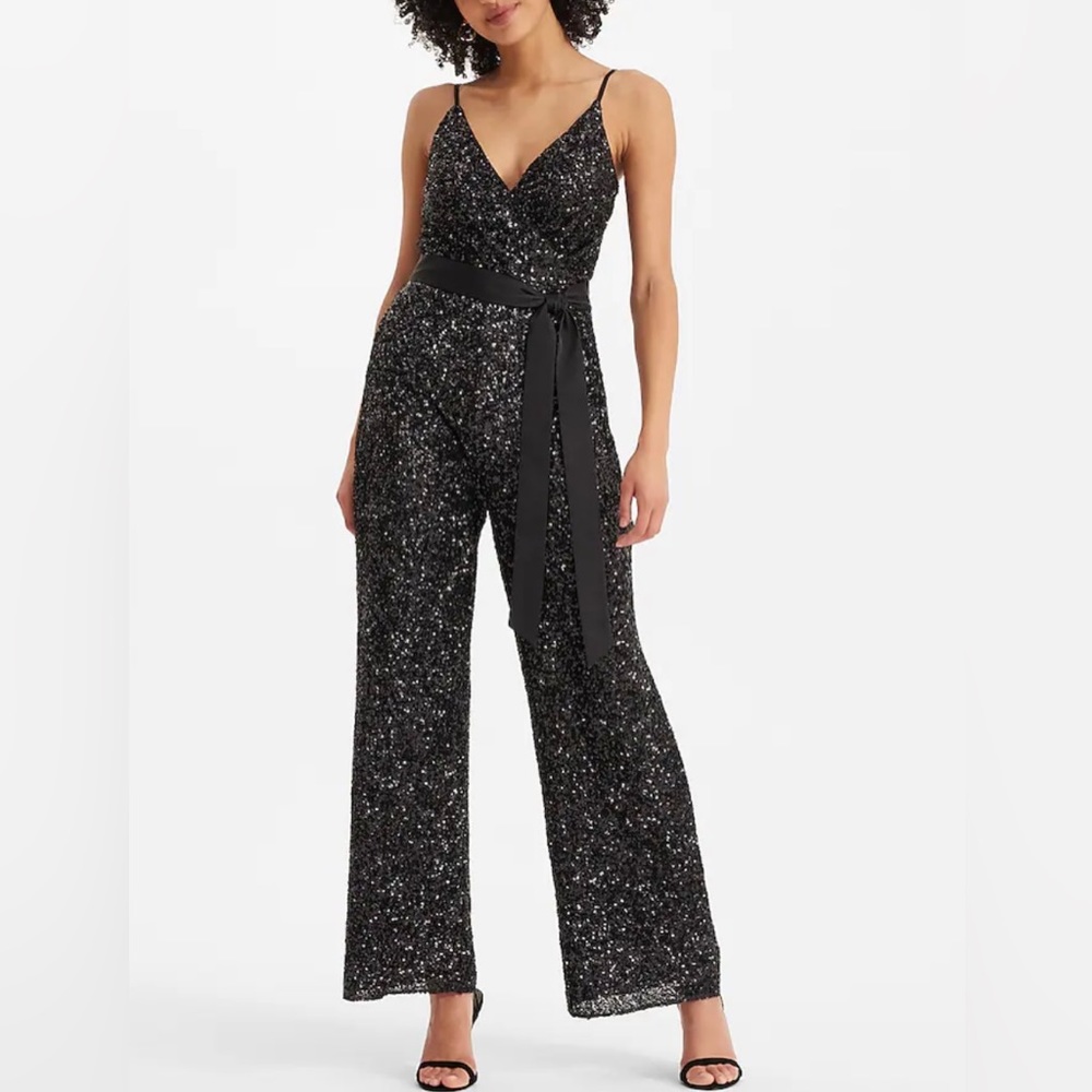 Express Sequin V-Neck Tie Waist Wide Leg Jumpsuit